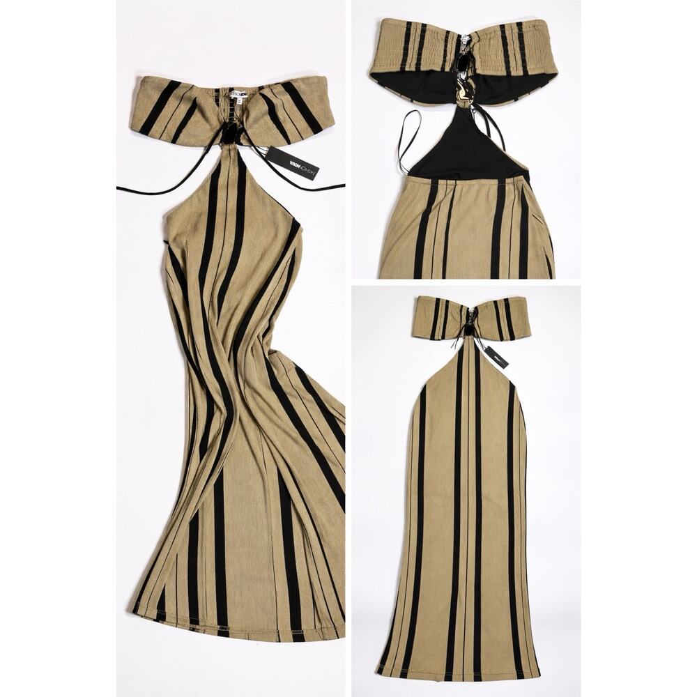 Fashion Nova Maxi Dress Taupe Black Ribbed Striped Halter Sleeveless XS